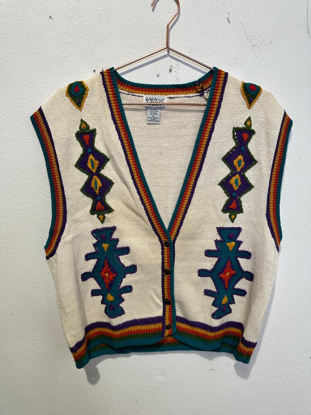 Vintage Napa Valley Rainbow Aztec Copper Button Sweater Vest Size Extra Large
